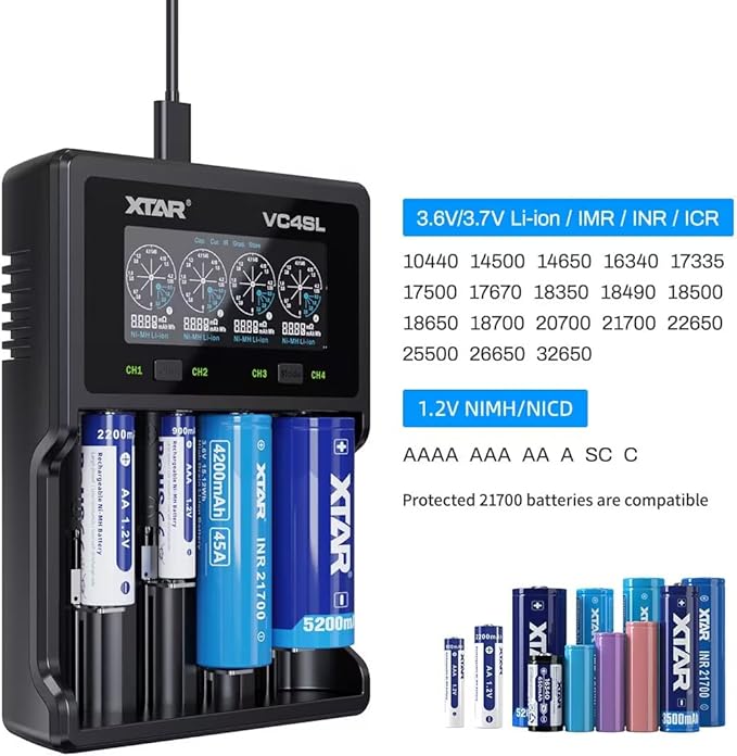 XTAR VC4SL Smart 4-Bay Battery Charger (18650 / 21700 / AA / AAA)