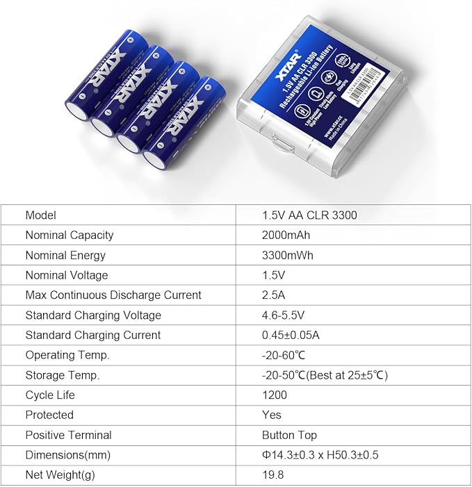 XTAR AA 1.5V CLR 3300 Lithium Rechargeable Battery (Pack of 4)