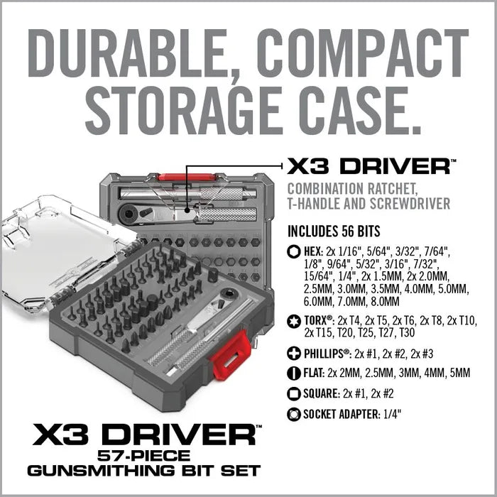 X3 Driver 57-piece gunsmithing bit set with ratchet driver, precision bits, adapter and storage case.