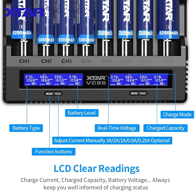 XTAR VC8S Smart 8-Bay Battery Charger (18650 / 21700 / AA / AAA)