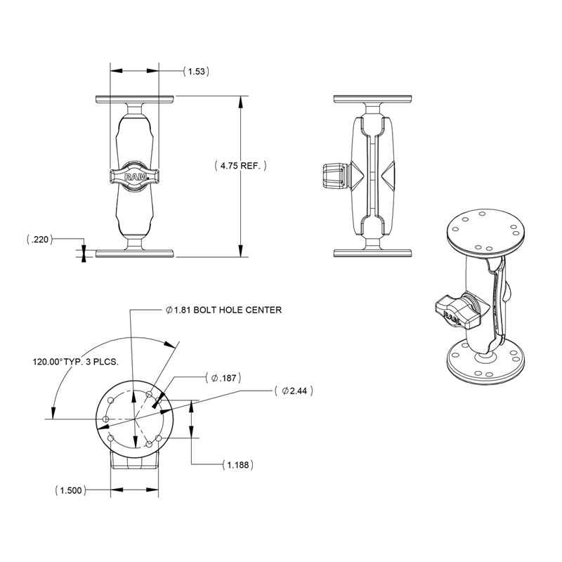RAM Mounts RAM-B-101U 1" Ball Mount Set with 2 x 2.5" Round Bases