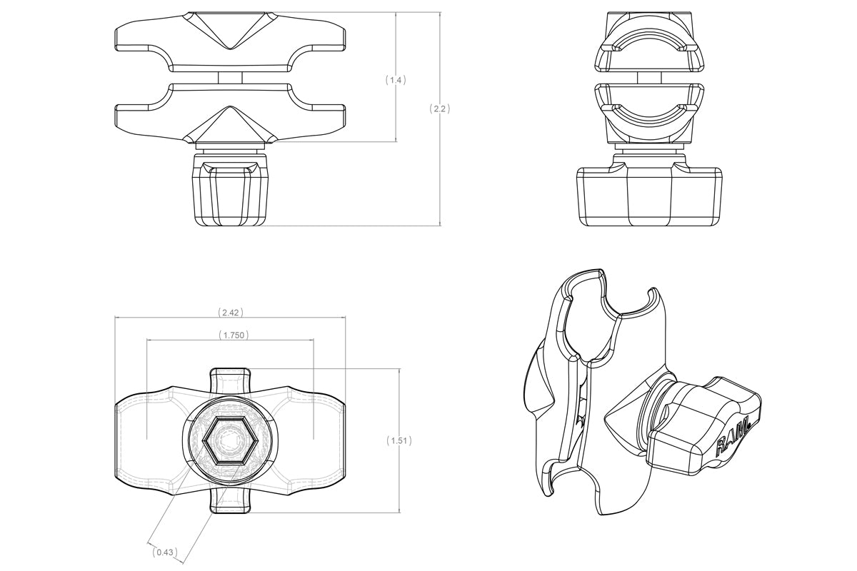 RAM Mounts RAM-B-201U-A Short Double Socket Arm (B-Size, 1″)