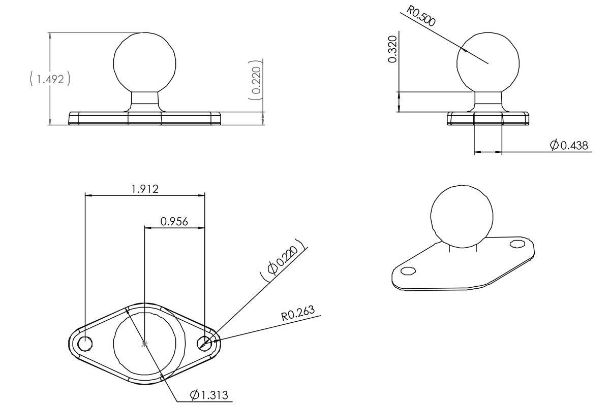 Technical dimension drawing of RAM Mounts RAM-B-238U diamond plate base with 1 inch ball showing measurements and mounting hole spacing
