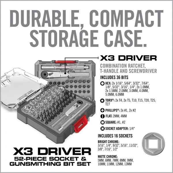 X3 Driver 52-piece socket and gunsmithing bit set with ratchet driver, gunsmithing bits, sockets and storage case.